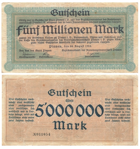Five million mark voucher for the city of Plauen in Vogtland August 20, 1923