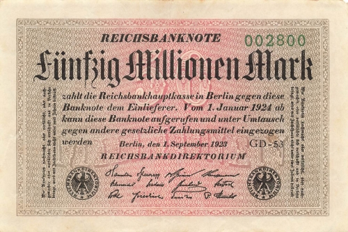 Fifty million marks Reichsbanknote September 1, 1923 RO108e DEU-122d