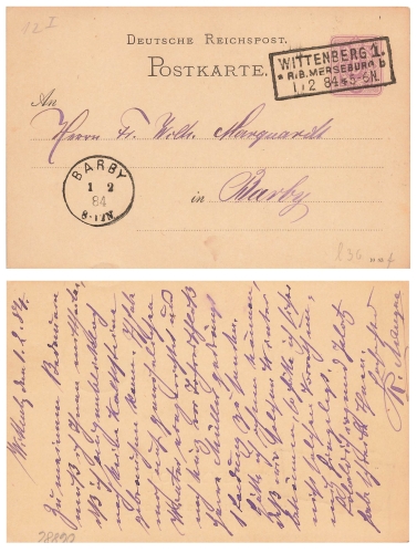 Wittenberg1 box stamp on postal stationery 5 Pfennig o 1.2.1884 after Barby