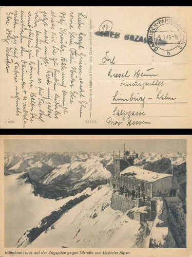 Garmisch Partenkirchen Fee Paid Stamp on AK 5.6.1946