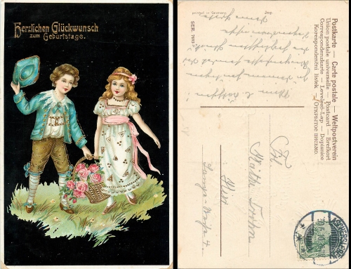 Birthday children with flowers gold cut litho o 30.05.1910