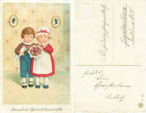 Children with a bouquet of flowers Birthday card ca.1920