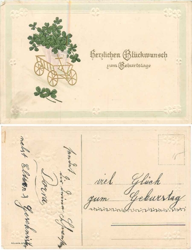 Birthday cart with clover leaves around 1910