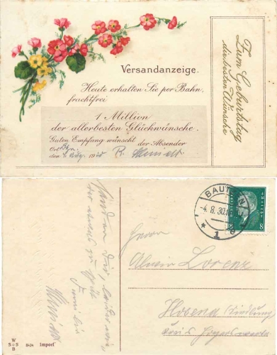 Flowers birthday card o 4.8.1930