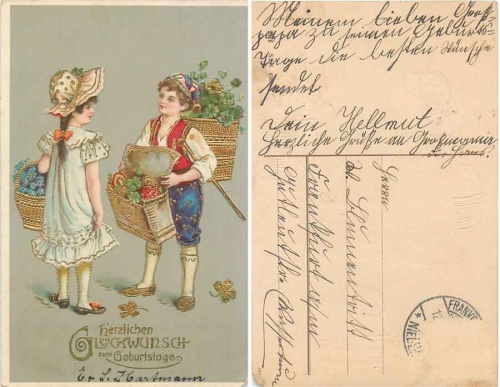 Pilze Kleeblätter Geburtstagskarte Goldschnitt o 12.04.1911