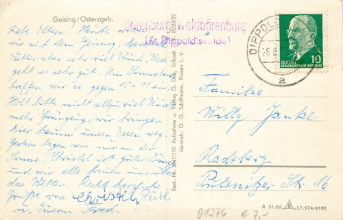 01778 Geising Erzgebirge country postmark Baerenburg-Waldbaerenburg o 1962