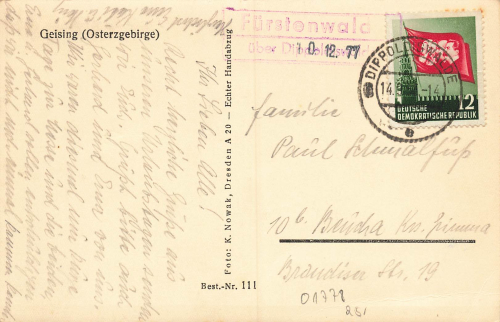 01778 Geising Erzgebirge, rural postmark Fuerstenwald, dated 14.9.1953