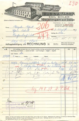 Geislingen Steige Rubina Fabrik Emil Bihler Briefkopf 1939