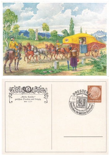 Yellow carriage between Dresden and Leipzig Private postal stationery special cancellation Heimatwerk Saxony 3.9.1938