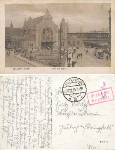 Fee paid on AK Gelsenkirchen Bahnhof o 10.10.1923