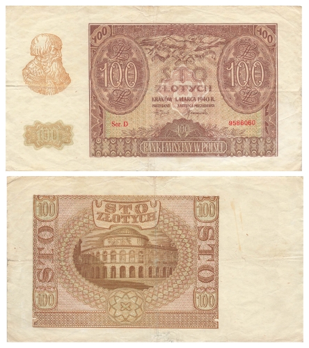 Generalgouvernement Polen 100 Zlotych Bank emisyjny w Polsce 1.  Marca 1940