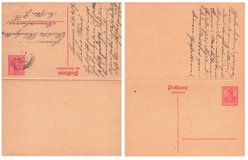 Germania 10 Pfennig postal stationery with reply card German Empire o April 6, 1919