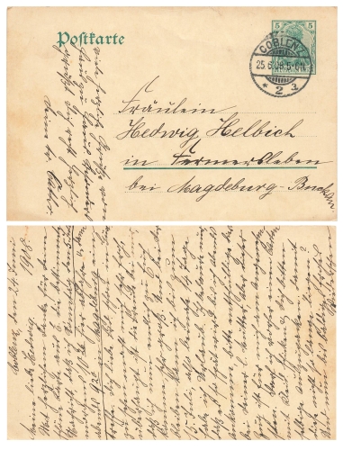 Germania 5 Pfennig postal stationery German Empire with watermark o Coblenz June 25, 1908