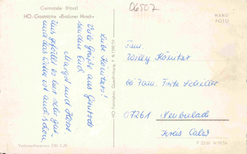 06485 Gernrode Harz HO-Gaststätte Brauner Hirsch gebraucht 1956