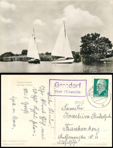09661 Gersdorf via Mittweida country postmark on postcard Ueckermuende o 13.8.1963