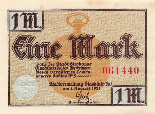 01768 Glashütte Sachsen Notgeldschein 1 Mark 1921