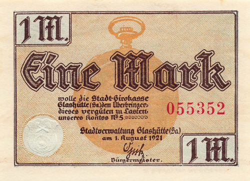 01768 Glashütte Sachsen Notgeldschein 1 Mark 1921