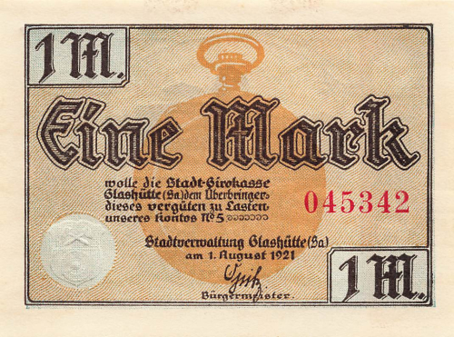 01768 Glashütte Sachsen Notgeldschein 1 Mark 1921