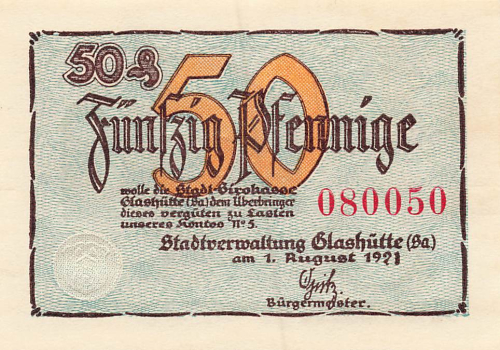 01768 Glashütte Sachsen Notgeldschein 50 Pfennig Sternwarte 1921