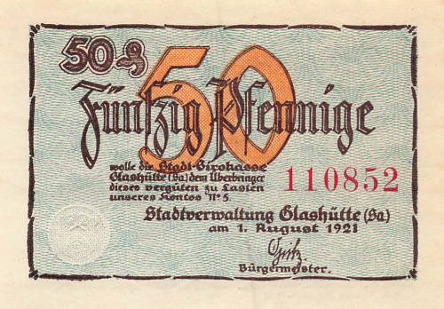 01768 Glashütte Sachsen Notgeldschein 50 Pfennig Deutsche Uhrmacherschule 1921