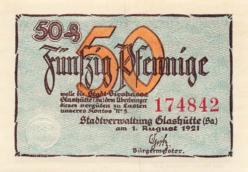 01768 Glashütte Sachsen Notgeldschein 50 Pfennig 1921