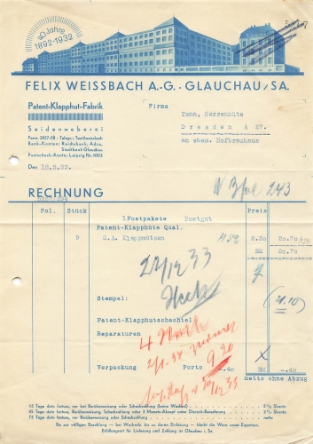 08371 Glauchau Klapphutfabrik Felix Weissbach Briefkopf mit Fabrikansicht 1933
