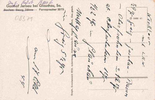 Jerisau Glauchau Sachsen Konzert und Ballhaus Gasthof gebraucht 1944