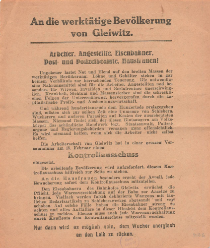 Gleiwitz Oberschlesien Kontrollausschuss gegen Wucher Flugblatt um 1920