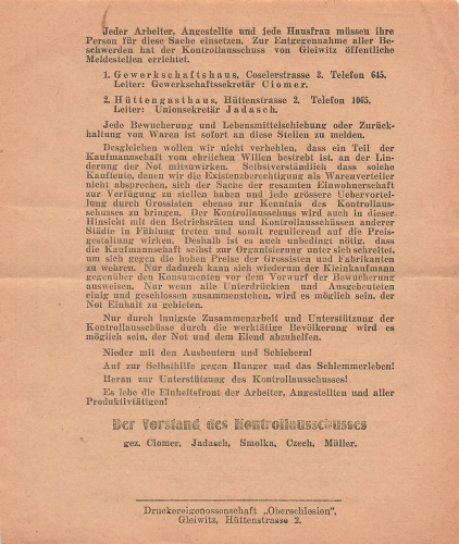 Gleiwitz Oberschlesien Kontrollausschuss gegen Wucher Flugblatt um 1920
