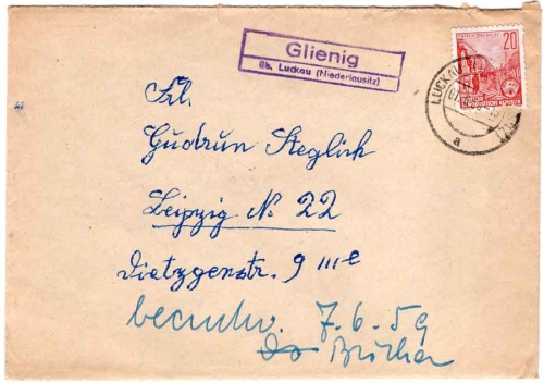 15938 Glienig above Luckau (Lower Lusatia) country postmark o 7.6.1956
