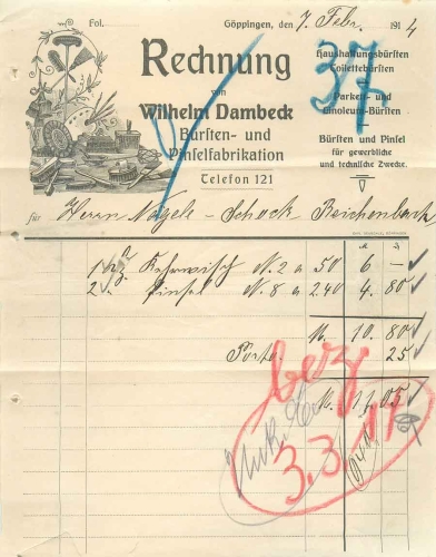 Goppingen brushes and brush factory Wilhelm Dambeck letterhead 1914