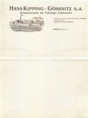 04639 Gößnitz S.-A. Generalvertreter Thüringer Lederwerke Hans Kipping Briefkopf um 1920