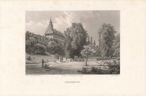Grafenort castle view (north of Habelschwerdt) original steel engraving by Huber after Theodor Blattbauer around 1887 