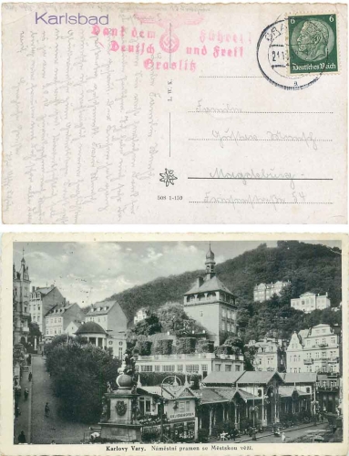 Graslitz Propagandastempel "Dank dem Führer Deutsch und Frei" o 21.11.1938 auf AK Karlsbad