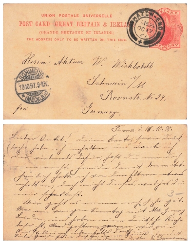 Great Britain and Ireland One Penny Victoria Ganzsache o Hatch-End 17.10.1897 nach Schwerin