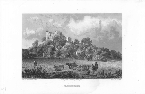 Greifenstein with herd of cows original steel engraving by Huber after Theodor Blatterbauer around 1887 
