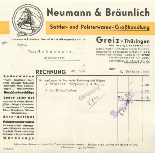 07973 Greiz Saddlery Neumann & Braeunlich letterhead with horse 1938