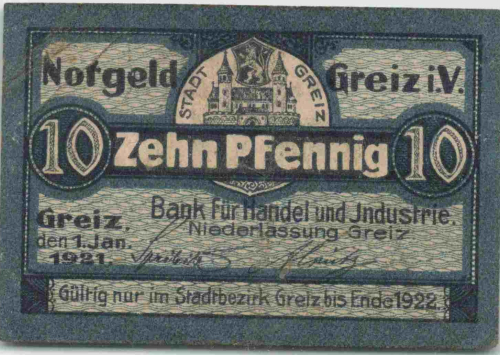 Greiz (Vogtland) emergency money note, 1921