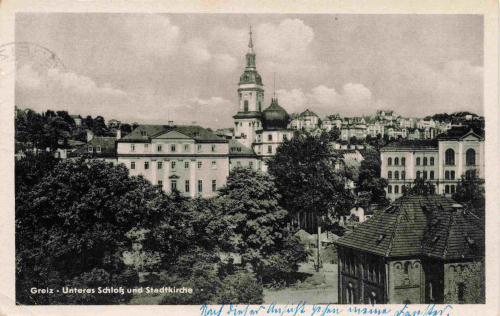 Greiz Vogtland unteres Schloss mit Stadtkirche o 1958