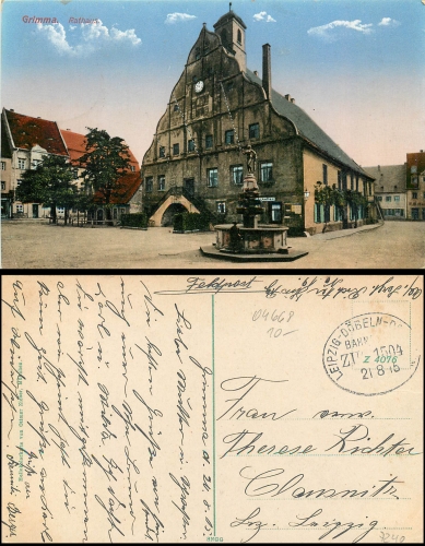 Grimma Town Hall Railway Post Leipzig-Doebel-Dresden Train 1504 o 21.8.1915