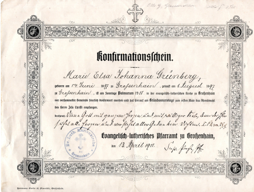 Großenhain Konfirmationsschein 1911 für Maria Elsa Johanna Grünberg
