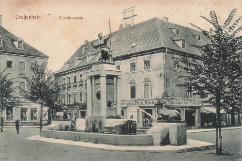 01558 Großenhain Kunstbrunnen mit Schuhlager Paul Klahre gebraucht 1918