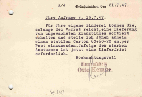 09579 Grünhainichen Wachsblumenfarik Otto Kempe Firmenkarte 1947