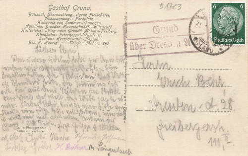 01723 Grund Wilsdruff Klein Tirol Landpoststempel auf AK o 1939
