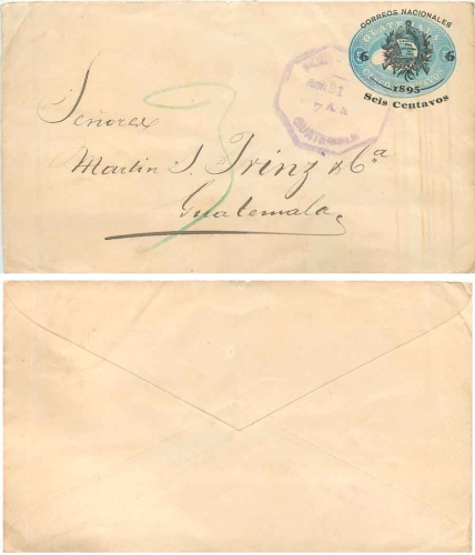 Guatemala postal stationery envelope 5 cents. with 6 Centavos 1895 imprint