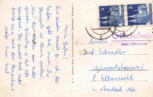 97258 Guelchsheim Hemmersheim via Uffenheim rural postmark on picture postcard, circa 1950.