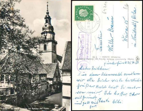64711 Gueterfuerst via Michelstadt (Odenw) 16 country postmarks on postcard Erbach o 29.7.1961