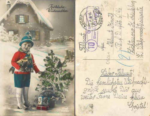 08626 Gunzen via Adorf (Vogtl) 10 country postmarks on Amag Christmas card o 20.12.1944