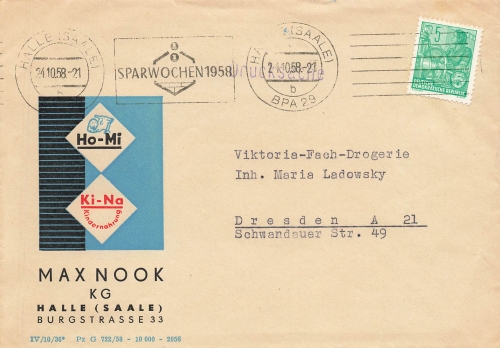 Halle Saale Max Nook GK Ho-Mi Ki-Na advertising envelope o Halle October 24, 1958