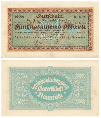 Hamborn Zeche Neumühl Fünfzigtausend Mark Gutschein 1923 Notgeld